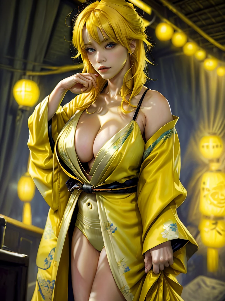 1women,yellow hair, kimono,cleavage section