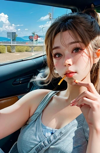 Woman driving a classic car　Drive a convertible　　ponytail　Driving scene　　summer coastline　Heavy smoker　One-handed driving　Cigarette in mouth　　Japanese
