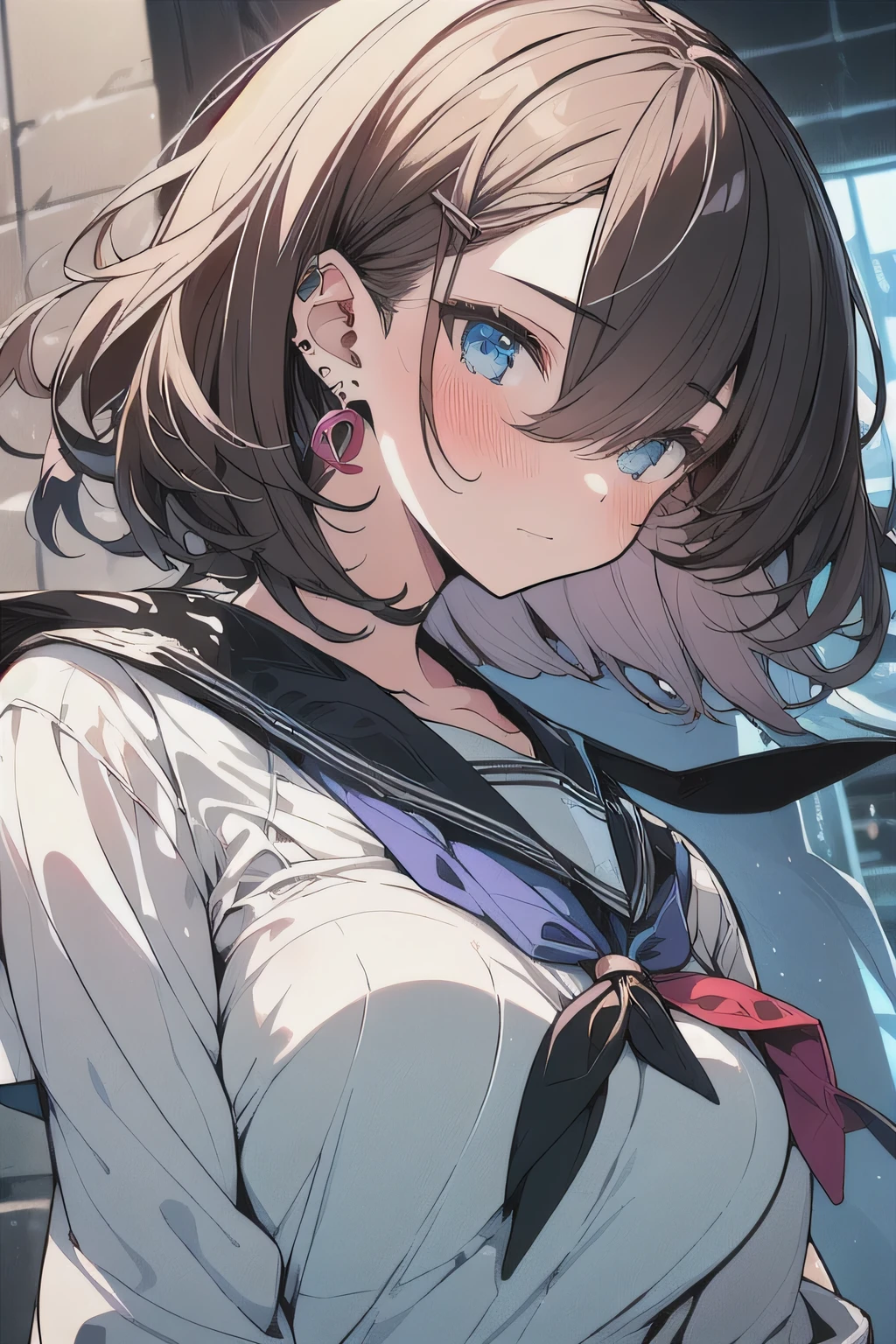 (best quality), (Super detailed), (Best Illustration), (masterpiece), (woman), {(white serafuku:1.2)}, (large breasts:1.2), {brown hair, (sideburns), (bob cut:1.3), curly hair, hairs between eyes, colored inner hair}, {(detailed eyes), blue eyes}, blush, earring, wind, botanical city