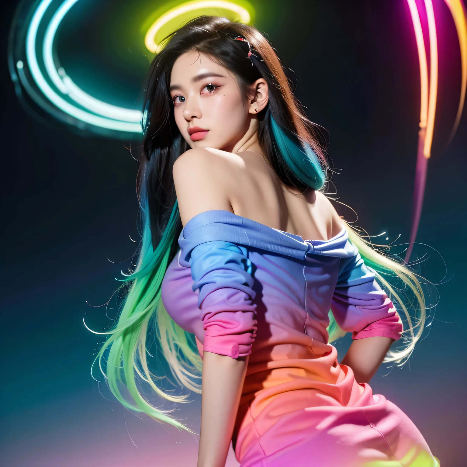 Solo idol performance featuring Eri Kamei from Morning Musume. Content: Eri Kamei dressed in rainbow-themed idol costume, Capturing the essence of cuteness. Medium: Photography. Style: Ultra-realistic due to the influence of J-POP culture. Lighting: Stage lighting combined with warm and cold tones to emphasize the rainbow theme. Colors: Vibrant shades of the rainbow, Focus especially on pastel shades. Composition: captured with a Canon EOS 5D Mark IV DSLR camera, EF 50mm f/1.8 STM lens, Resolution 30.4 megapixels, ISO sensit: 32,000, Shutter speed 8000 second. The focus should be on her expressive face and the intricate details of her costume. --ar 16:9 - V5.1 --Style raw --Q 2 --S 750