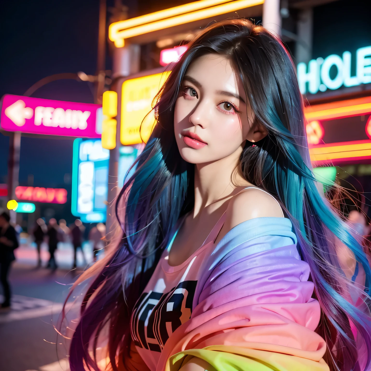 Black Hair, Hair shaking, victory, Long eyelashes, Solid round eye, A faint smile, ears red, direction, Surrealism, shadow, Relief, Stereogram, Standing picture, View, Atmospheric perspective, 8k, Super Detail, precise, best quality，(masterpiece), best quality, Ultra-high resolution,, Cyberpunk, 1 girl, Amazing city views ,Hoodies,Blue Hair,   Very long hair, Off-shoulder, Feather hair accessories, (gradient neon color:1.5), flash, Movie Lighting, Reality, Realistic skin, HDR,  Fisheye