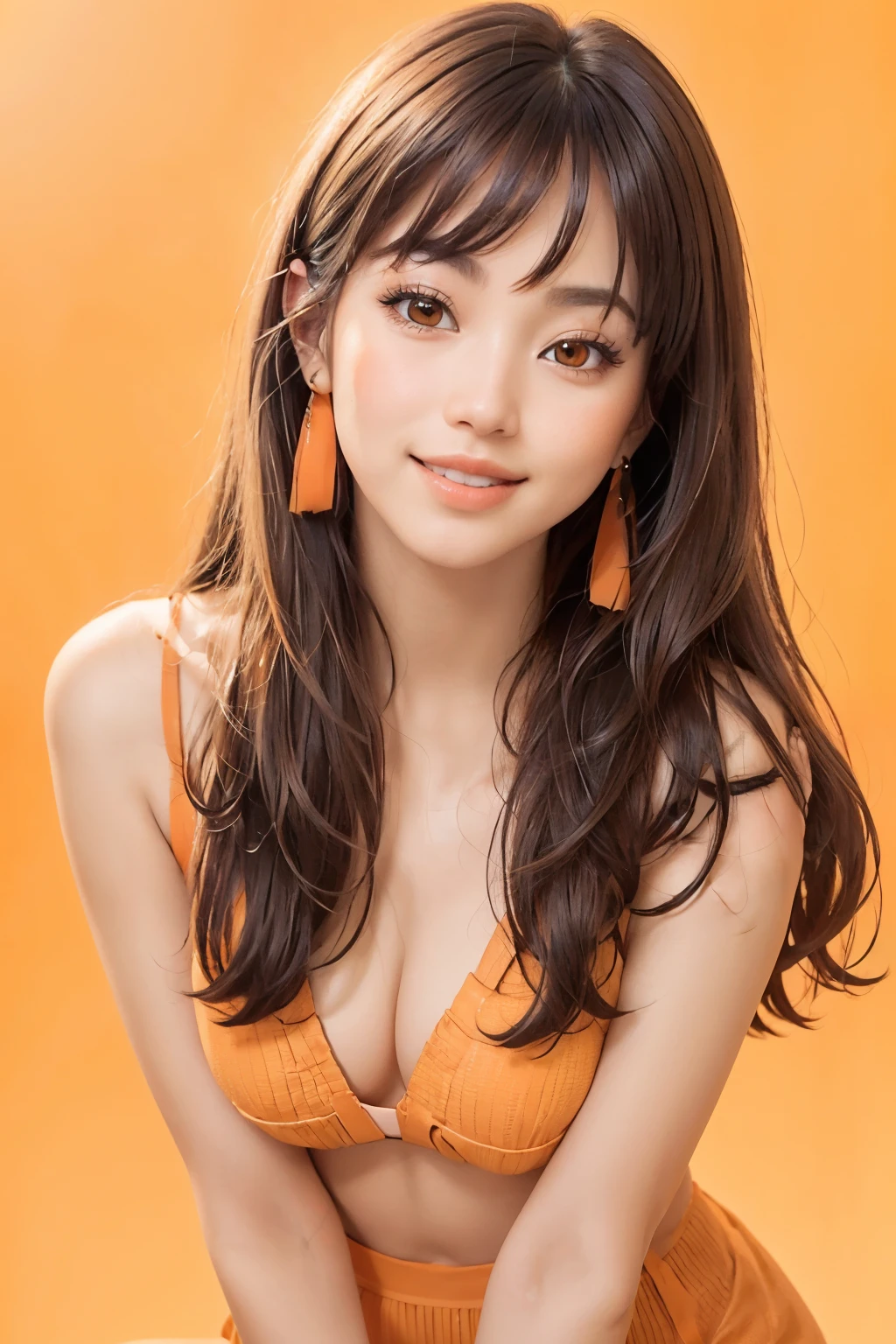 (software:1.8、masterpiece, highest quality),1 girl, alone, have, Realistic, Realistic, Looking at the audience, Light brown eyes, Black long hair with highly detailed shiny hair, long hair:1.8、Beautiful symmetrical face、Spring Clothes:1.6, Whity, lips, bangs, Outdoor, Mouth closed, Upper Body、Big eyes、eyelash、offshoulder、 ((Very simple light orange background:1.8))、(((Big eyes、big and full 胸、Looking at the audience、Beautiful beauty、Show me your ears、Long neck、smile)))、Ideal body type、((({Huge|big|Huge|Mega} Chest 2, Cleavage:2、Happy smile、Beautiful Teeth、)))、white bikini