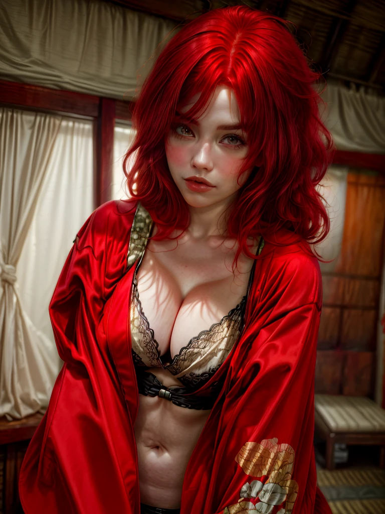 1women,red hair, kimono,cleavage section