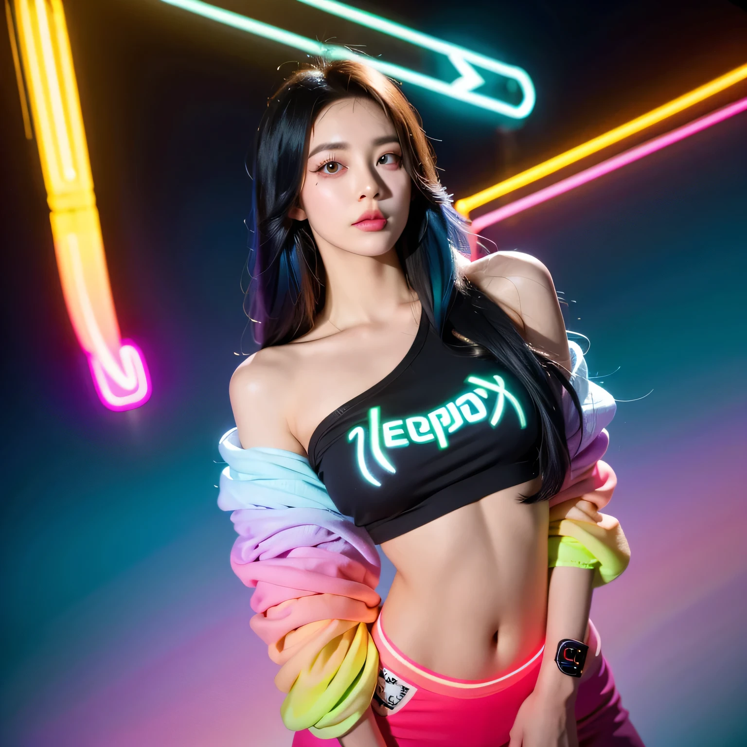 1girl,halter_top,pixel art,highres,wallpaper,glowing neon lights,