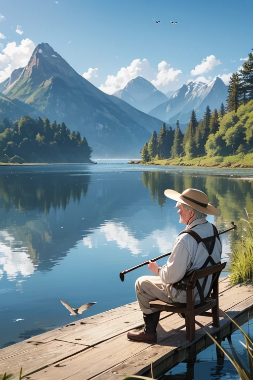 "An elderly man in waders and a wide-brimmed hat, sitting patiently on a wooden pier, rod in hand as the sun's rays glint off the glassy lake surface reflecting the craggy mountain ridge across the still waters, reeds swaying hypnotically in the foreground, a few birds taking flight in the distance."
