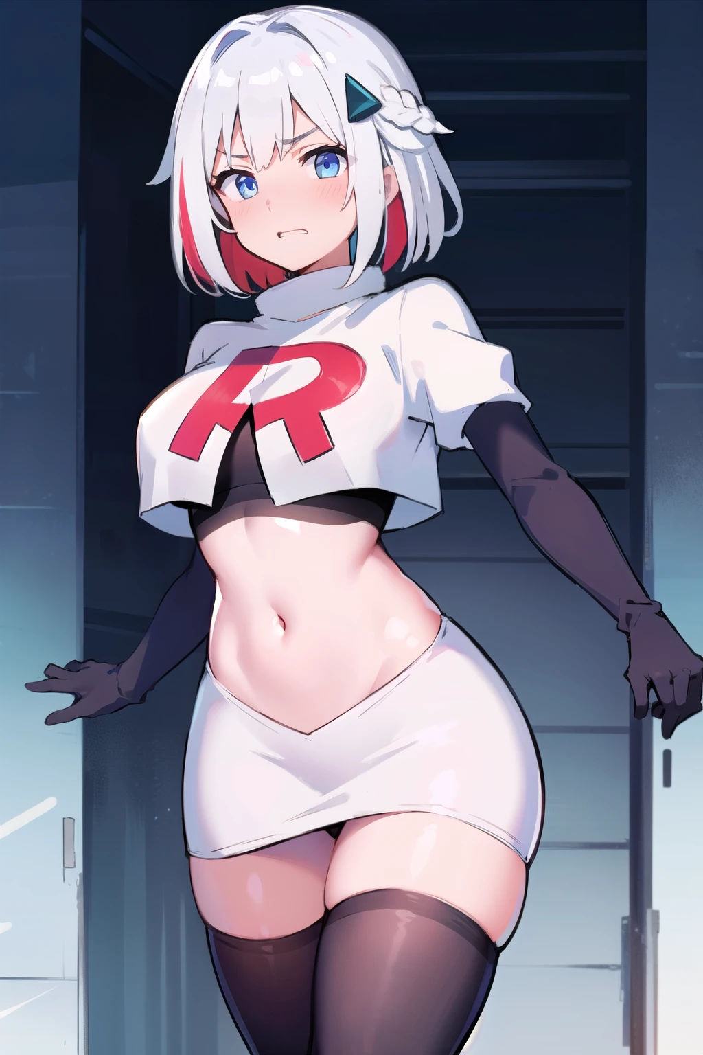 masterpiece, best quality, topaz, blue eyes,1girl, silver hair,multicolored hair, hair, hair ornament, embarrassed, team rocket,team rocket uniform,white skirt,red letter R,crop top,black thigh-highs,black elbow gloves, breasts,