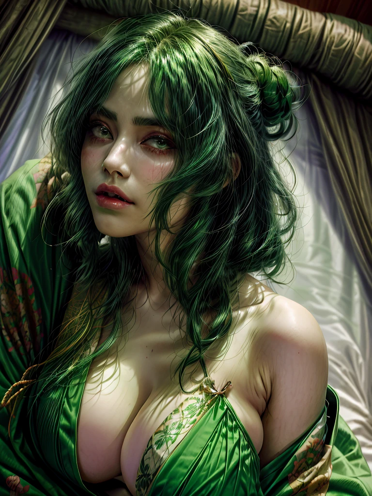 1women,green hair, kimono,cleavage section