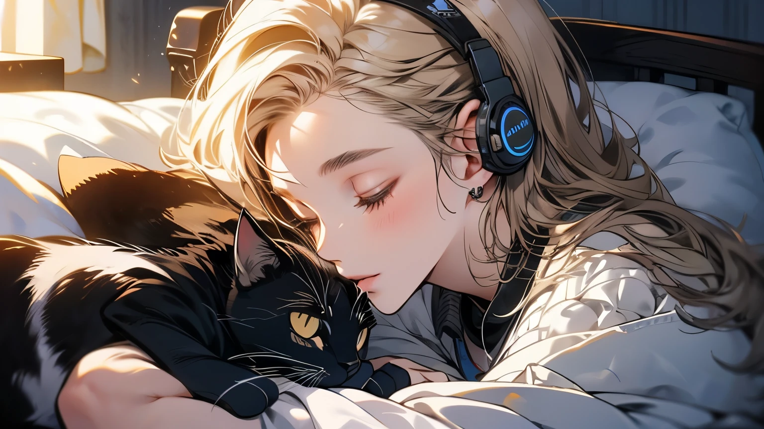 wideshot,old cartoon,in the room, woman listening to music,1 headphones,very detailed, supreme detail,lo-fi hip-hop,anime texture,solo,picture,gaze out at the outside,ultra-detailed,(best quality,4k,8k,highres,masterpiece:1.2),realistic,photorealistic:1.37,cell-shaded style,pastel color palette,soft lighting, landscape, study, with sleeping cat