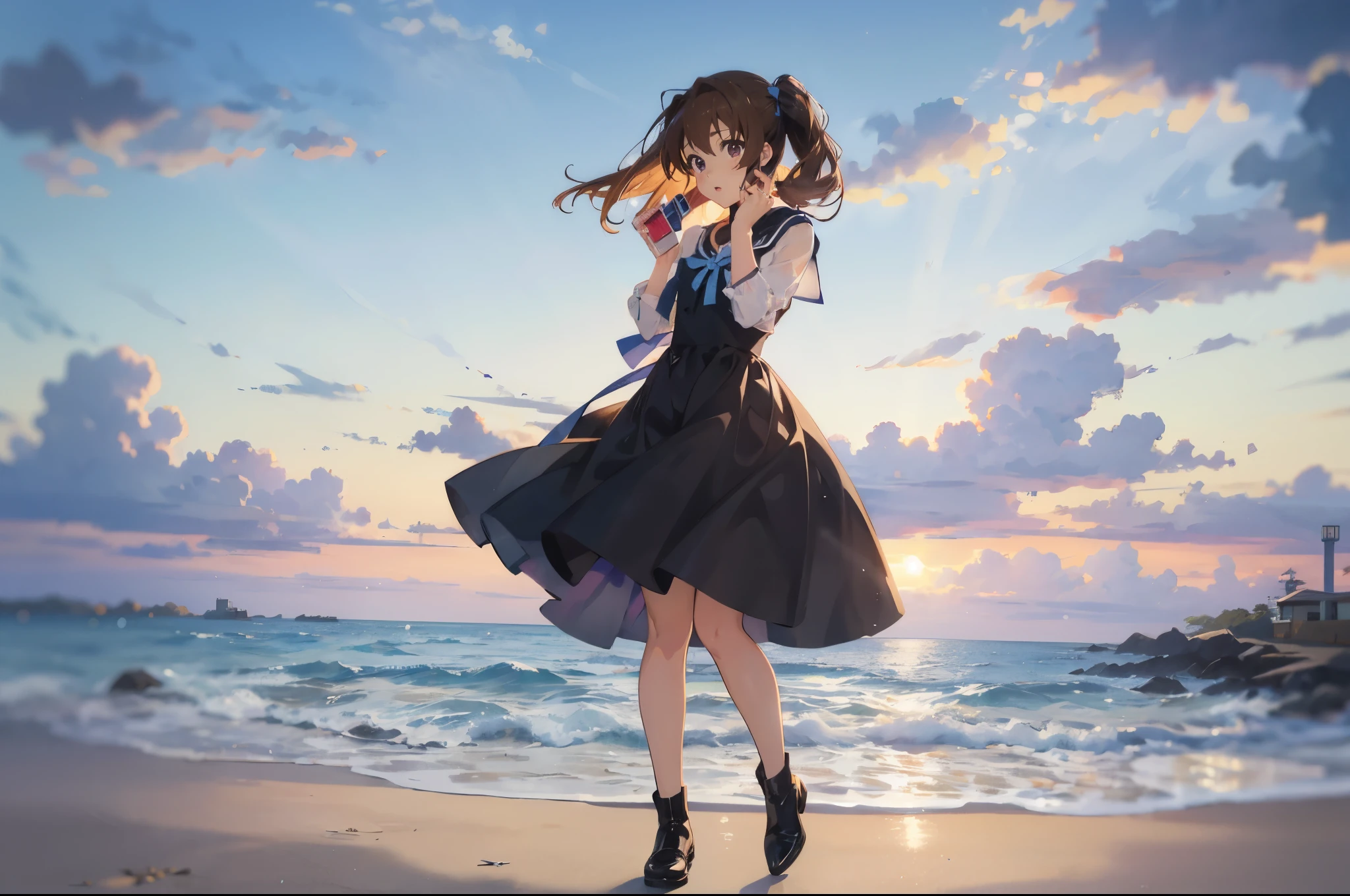 a cartoon girl in a dress and boots talking on a cell phone, in dress, cute anime waifu in a nice dress, my dress up darling anime, anime girl wearing a black dress, pretty anime girl, intricate anime girl k-on kyoani, !!full body portrait!!, anime full body illustration, young anime girl, beautiful anime girl, by the sea,
