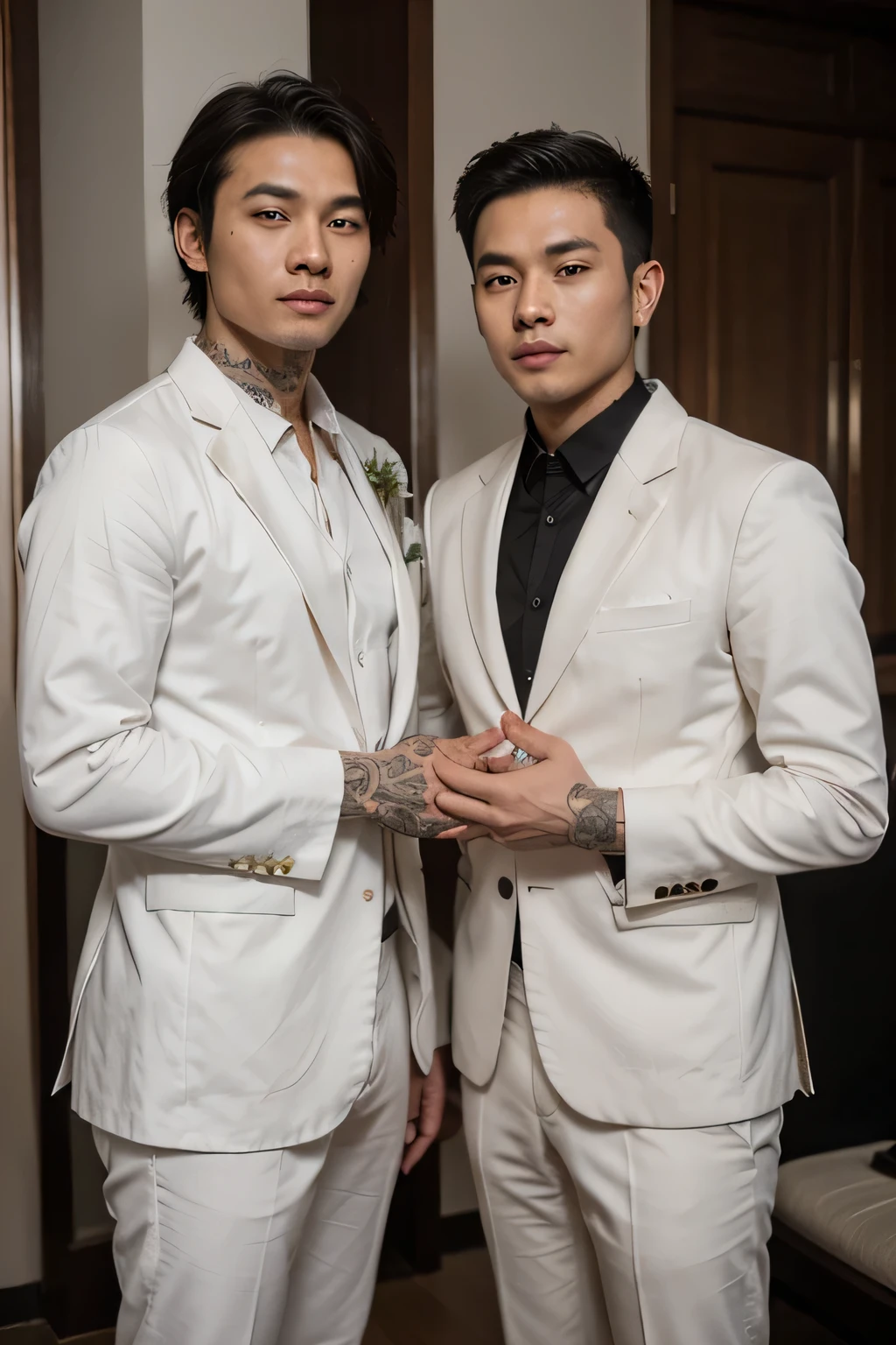 one guy asian with white wedding suit with black shirt and one guy asian tattooed with white wedding suit with white shirt