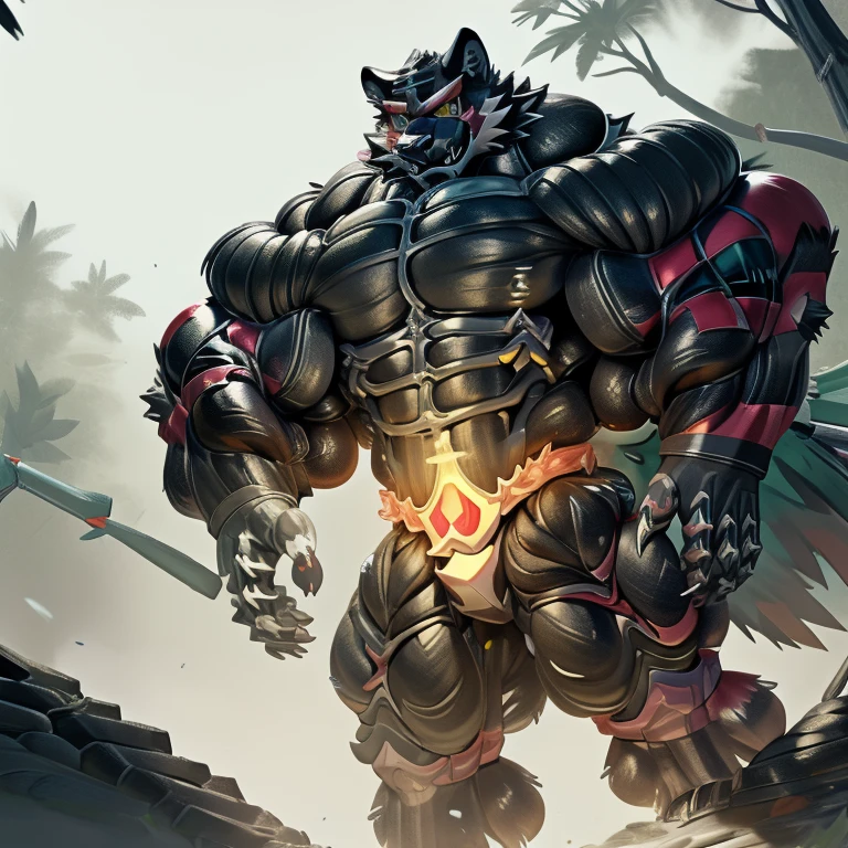 Incineroar, (gigantic muscles), 8K, Masterpiece, highres, future fiction. Detailed head, Detailed Body, full body, Detailed abs, wearing crNanosuit, big muscle (pecs, triceps, traps) unusually developed muscular body, body full of huge muscles. showing off muscles, pectorales enormes. Exaggeratedly huge muscles. Gigachad Muscular, gigantic muscles, Colossal giant NANOSUIT over a battlefield, 
The claws are sharp,
Sharp teeth,
Spread wings, have big wings.
nj5furry, Animal paws, 