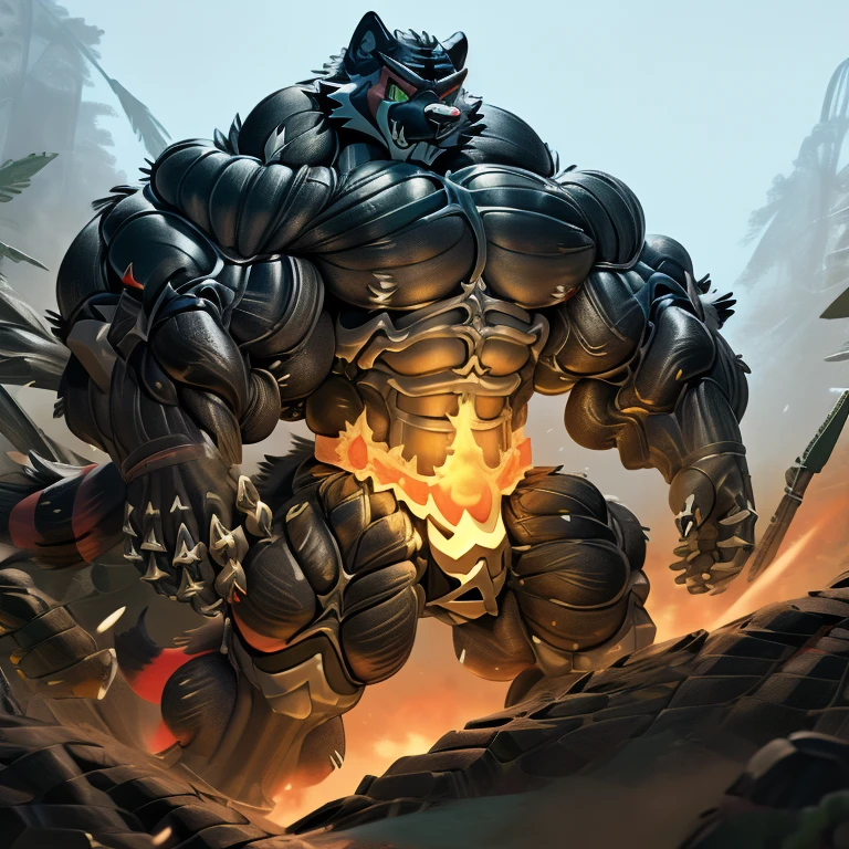 Incineroar, (gigantic muscles), 8K, Masterpiece, highres, future fiction. Detailed head, Detailed Body, full body, Detailed abs, wearing crNanosuit, big muscle (pecs, triceps, traps) unusually developed muscular body, body full of huge muscles. showing off muscles, pectorales enormes. Exaggeratedly huge muscles. Gigachad Muscular, gigantic muscles, Colossal giant NANOSUIT over a battlefield, 
The claws are sharp,
Sharp teeth,
Spread wings, have big wings.
nj5furry, Animal paws, 