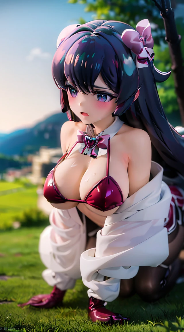 masterpiece,8K,high quality,fullbody:1.7,Clean blue eyes,open red mouth,Huge bursting breasts,biggest breasts,Tight west,red tieek,crying face,woman bust in to a hot water,Sheer off-the-shoulder pink thin lace tulle mini bikini,fantasy art,red bra, Cute 3D anime,Long wavy shiny black-pink hair,Beautifully detailed body and face, beautiful avatar pictures, high quality detailed anime,Wide-angle landscape view:1.6,luxury buth-room,many wet skin,many hot steam,water splash,