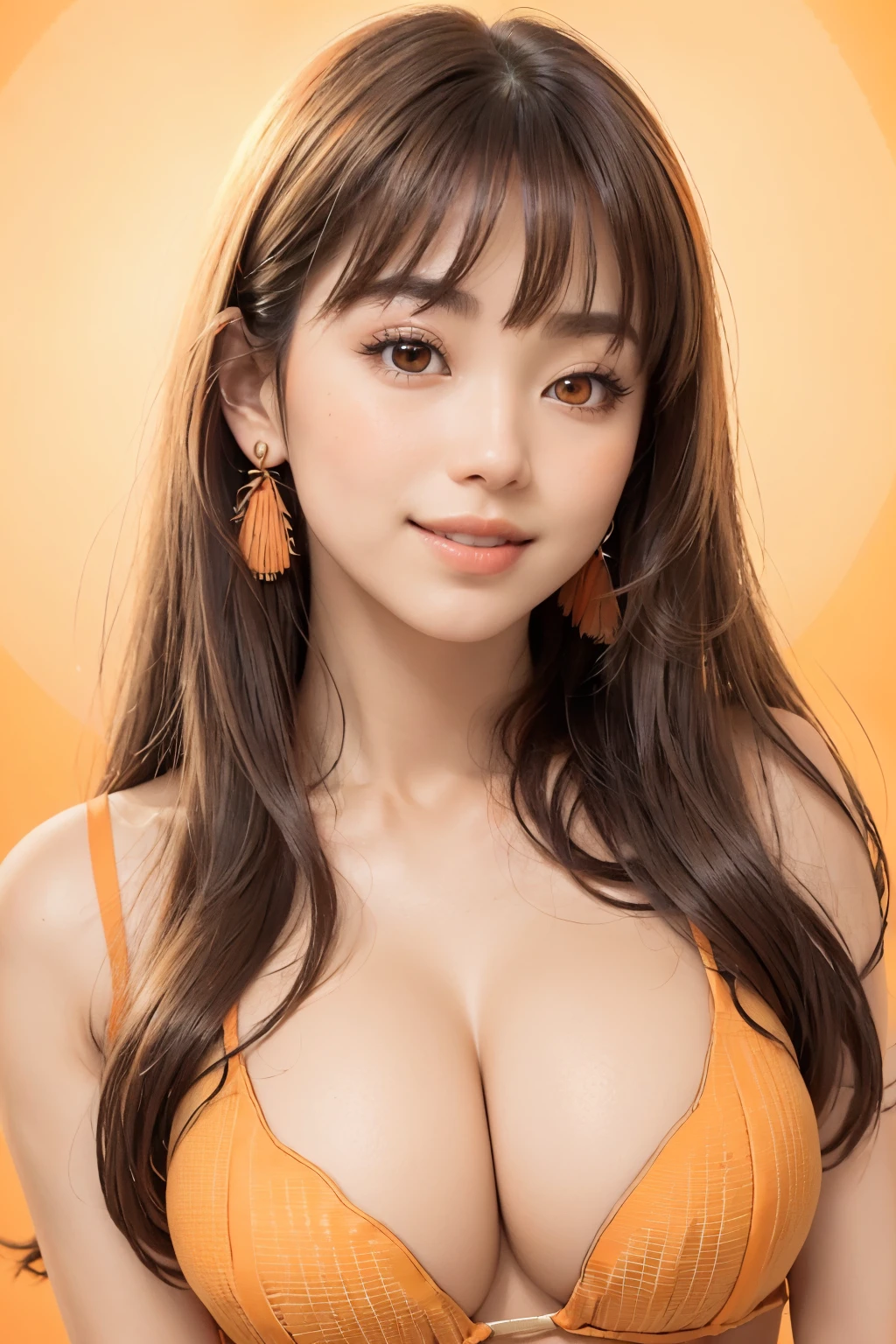 (software:1.8、masterpiece, highest quality),1 girl, alone, have, Realistic, Realistic, Looking at the audience, Light brown eyes, Black long hair with highly detailed shiny hair, long hair:1.8、Beautiful symmetrical face、Spring Clothes:1.6, Whity, lips, bangs, Outdoor, Mouth closed, Upper Body、Big eyes、eyelash、offshoulder、 ((Very simple light orange background:1.8))、(((Big eyes、big and full 胸、Looking at the audience、Beautiful beauty、Show me your ears、Long neck、smile)))、Ideal body type、((({Huge|big|Huge|Mega} Chest 2, Cleavage:2、Happy smile、Beautiful Teeth、)))、white bikini