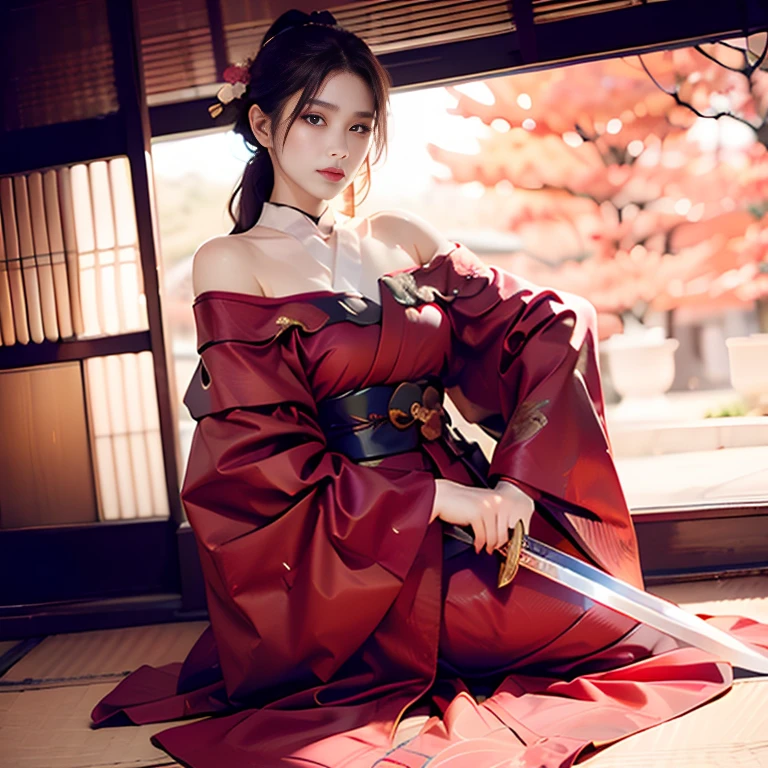 Japanese sword, arms, knife, Sharp, Female Swordsman, High-class kimono, Gorgeous Japanese clothing, Twelve-layered kimono, (Off the shoulder:1.3), Ultra-wide shot, arms