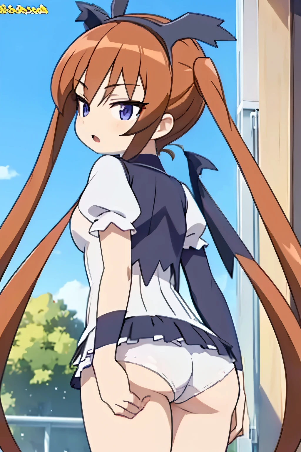 D Cup Beautiful breasts masterpiece highest quality High resolution black A slightly open mouth Glaring eyes Mouth slightly open Contemptuous Eyes Condescending eyes to close range Headband Nebra underwear Showing her ass Completely naked 18-year-old Twin tails Hair color: Brown Lying on your back