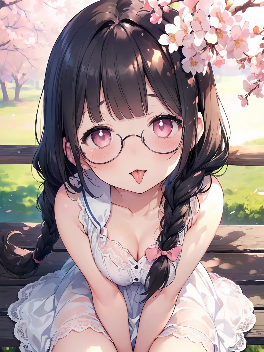 Very detailed, highest quality, High resolution, Moe Anime, ((A cute with black hair and droopy eyes)), ((Wearing large round glasses:1.4)), (Baby Face), Cute eyes, eye depiction, Sparkle in the eyes, View your viewers, Pale skin, (Big eyes:1.4, Droopy eyes:1.4, Fatty face:1.4), smile, Focus on the face, In the park with cherry blossoms falling, Sitting, (Extreme close up of tongue), (((From above))), Open your mouth, (((Face only:1.3))), ((white lace sleeveless dress)), Bright Eyes, Light from the front, (Put your hands between your legs:1.4), large and long tongue, Cleavage, Braided Hair, Pink ribbon