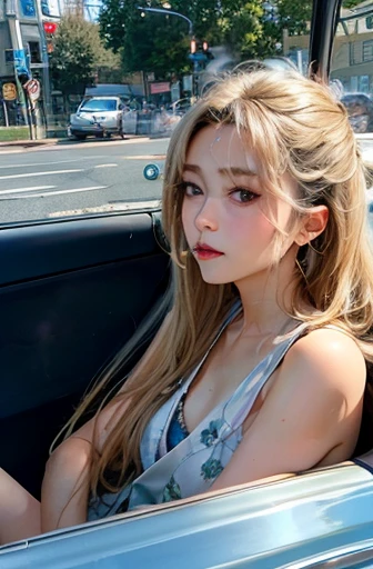 Woman driving a classic car Drive a convertible Long Hair Perm Fluffy hair Driving scene summer coastline Heavy smoker One-handed driving Cigarette in mouth Depiction of smoking Japanese