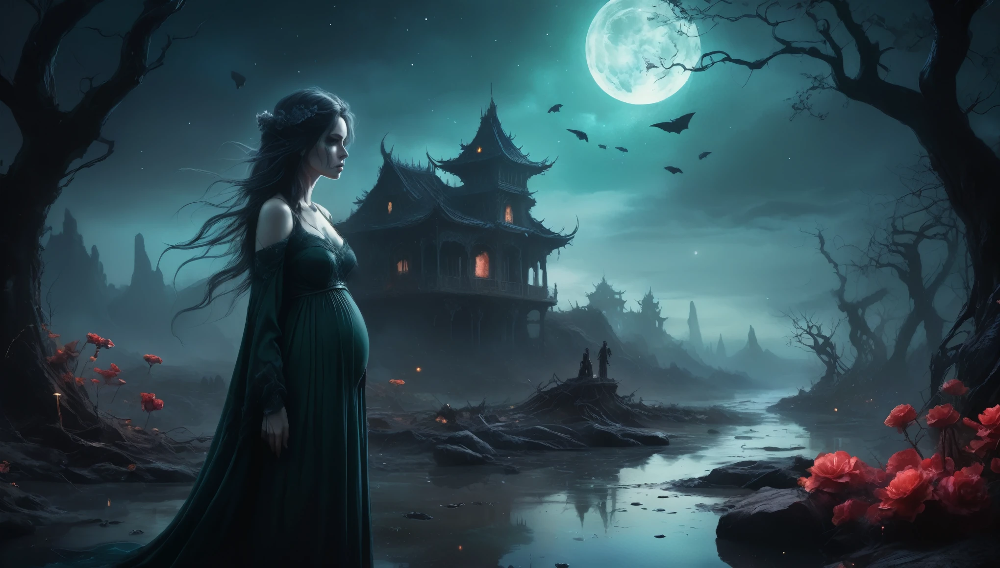 pregnant,(devil theme:1.5),(dark horror theme:1.5),(thriller:1.5),(inspiration from Stephen King:1.5),(dark fantasy:1.5), (ink and watercolor painting:1.5), (black and white color:1.5), (ominous landscapes:1.5),(A large number of stars fly towards the viewer:1.5),(ruined:1.5), (ruined theme:1.5),(lots of flying dust:1.5),(puddle:1.5),(Unpaved roads:1.5),(absurderes:1.5),(fantastic:1.5),full body length,Quartz Lepidolite babygirl in national dress,pretty face,full body shot,ominous landscape,Fluorite chrysocolla atmosphere,by art Simon Stalenhag,Nicola Samori,Wangechi Mutu,prime colors,extremely detailed,masterpiece,intricate details,faded,eyes extremely detailed, high detailed eyes,8k resolution, Nikon Z9,scary town,full body length,evil ghost Iridescent,intricate details,Stone Forest in Yunnan Province of China,ultra-detailed,dark and eerie atmosphere, ethereal presence, hauntingly beautiful, ghostly figures, swirling mists, supernatural entities, demonic essence, shadowy forms, eerie whispers, sinister aura, hauntingly pale skin, dark and twisted branches, pregnant, macabre elements, mysterious and enigmatic, spectral apparitions, gothic art style, hauntingly captivating, spectral realm, hauntingly melancholic, otherworldly beauty, ethereal glow, hauntingly haunting, chilling and atmospheric, eerie and ominous lighting,Impresionismo，starlight color，Fantastic lighting，Ethereal atmosphere，otherworldly charm，Mystic aura，Glowing flowers，floating petal，majestic vines，Glowing Leaves，with a calm expression，Complicated details，Exquisite features，petals in her hair，Light of the sky，harmonious colorystic energy，Surreal atmosphere，Amazing Cleavage，Sublime art，vibrant tones，captivating creationбAfter the war，Maritime city，sense of science and technology，The city of the future，Spaceship wreckage，There are giant ships in the sea，Beautiful woman overlooking the ruined city