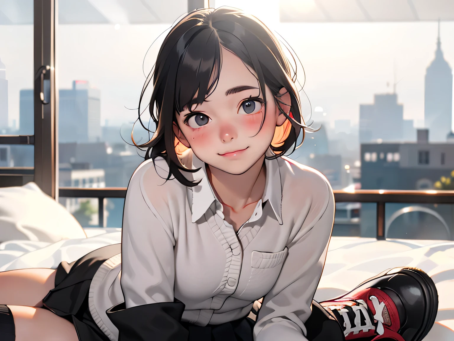 A swedish, American, german, young woman, 20yo, downtown, in large metropolis, collared shirt, sweater, pleated skirt, chuck taylor shoes, smirk ((heavy gaussian blur)), ((soft lighting)), (((extremely hazy:1.2))),, (extremely bright), (dreamy atmosphere), bright vivid colors, (blushing:1.2), lying on a bed