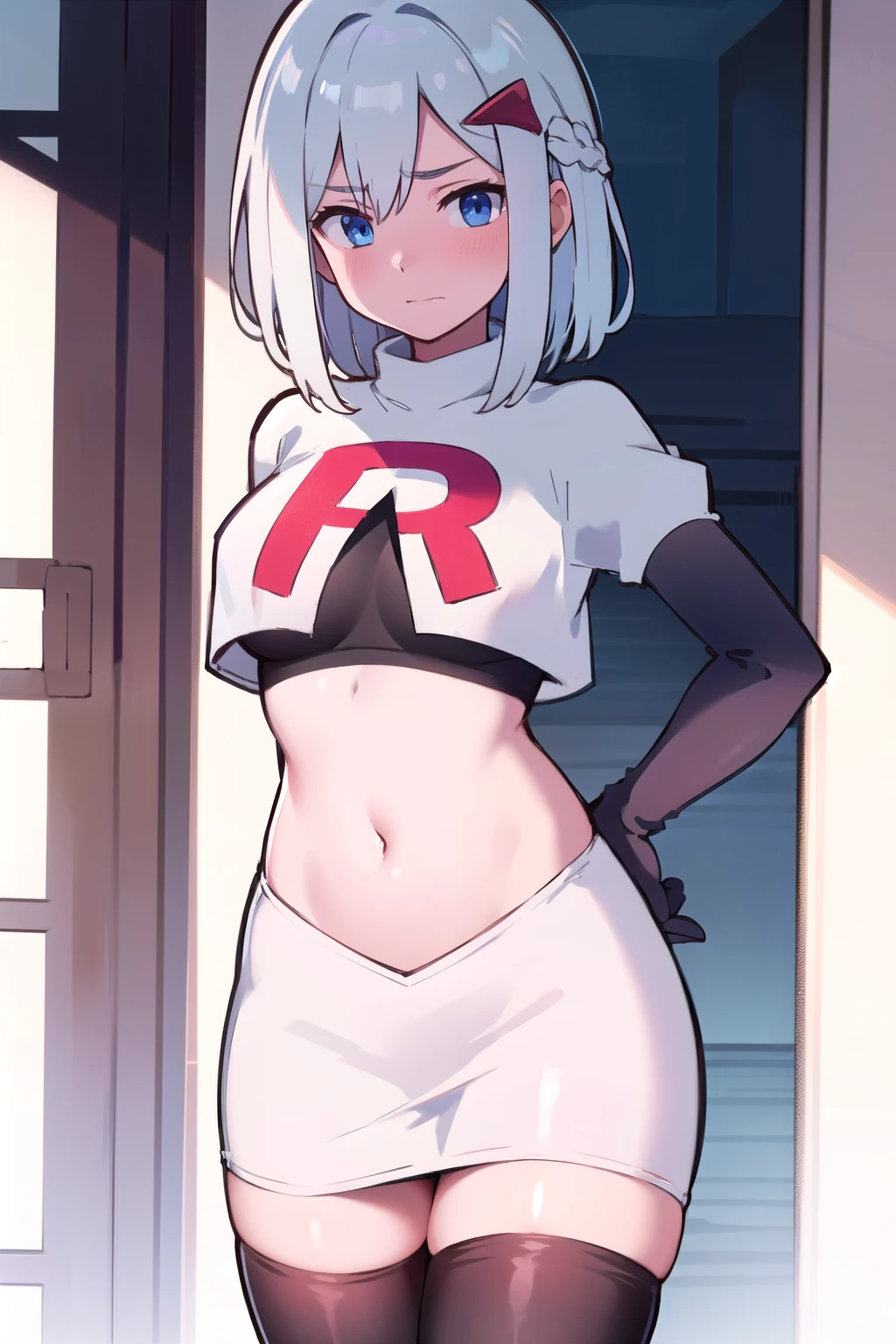 masterpiece, best quality, topaz, blue eyes,1girl, silver hair,multicolored hair, hair, hair ornament, embarrassed, team rocket,team rocket uniform,white skirt,red letter R,crop top,black thigh-highs,black elbow gloves, breasts, 