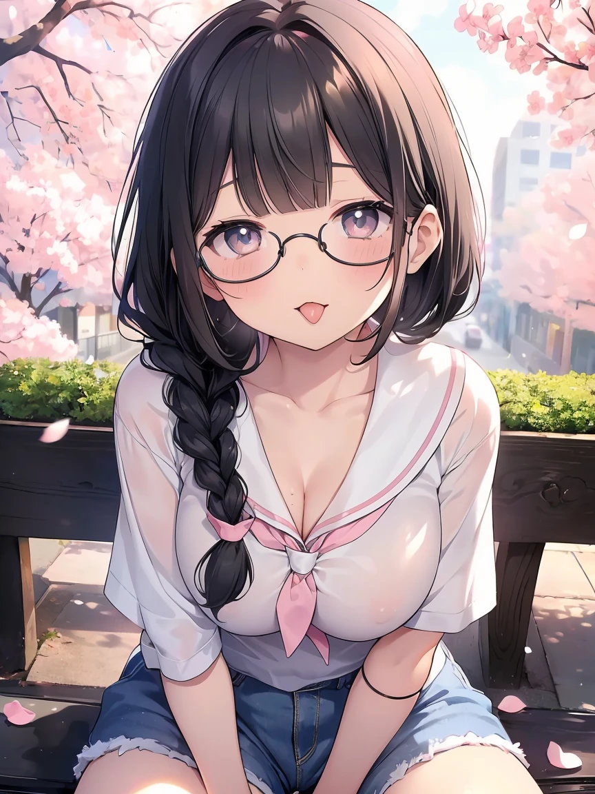 Very detailed, highest quality, High resolution, Moe Anime, ((A cute elementary school girl with black hair and droopy eyes)), ((Wearing large round glasses:1.4)), (Baby Face), Cute eyes, Detailed eye depiction, Sparkle in the eyes, View your viewers, Pale skin, (Big eyes:1.4, Droopy eyes:1.4, Fatty face:1.4), smile, Focus on the face, In the park with cherry blossoms falling, Sitting, (Extreme close up of tongue), (((From above))), Open your mouth, (((Face only:1.3))), ((Plain white T-shirt on the upper body, Denim hot pants for the lower body)), Bright Eyes, Light from the front, (Put your hands between your legs:1.4), large and long tongue, Cleavage, Braided Hair, Pink ribbon