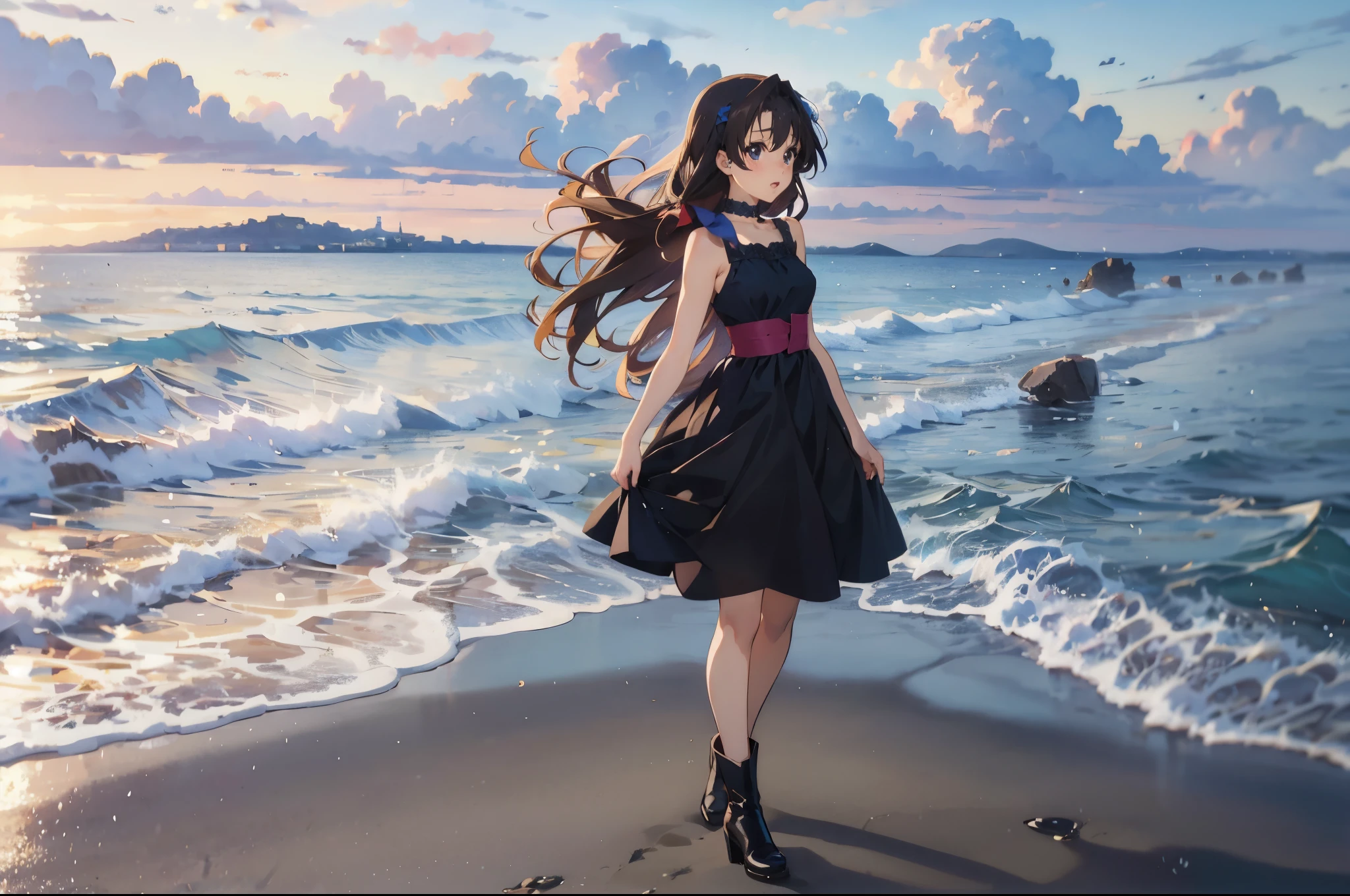 a cartoon girl in a dress and boots, in dress, cute anime waifu in a nice dress, my dress up darling anime, anime girl wearing a black dress, pretty anime girl, intricate anime girl k-on kyoani, !!full body portrait!!, anime full body illustration, young anime girl, beautiful anime girl, by the sea,