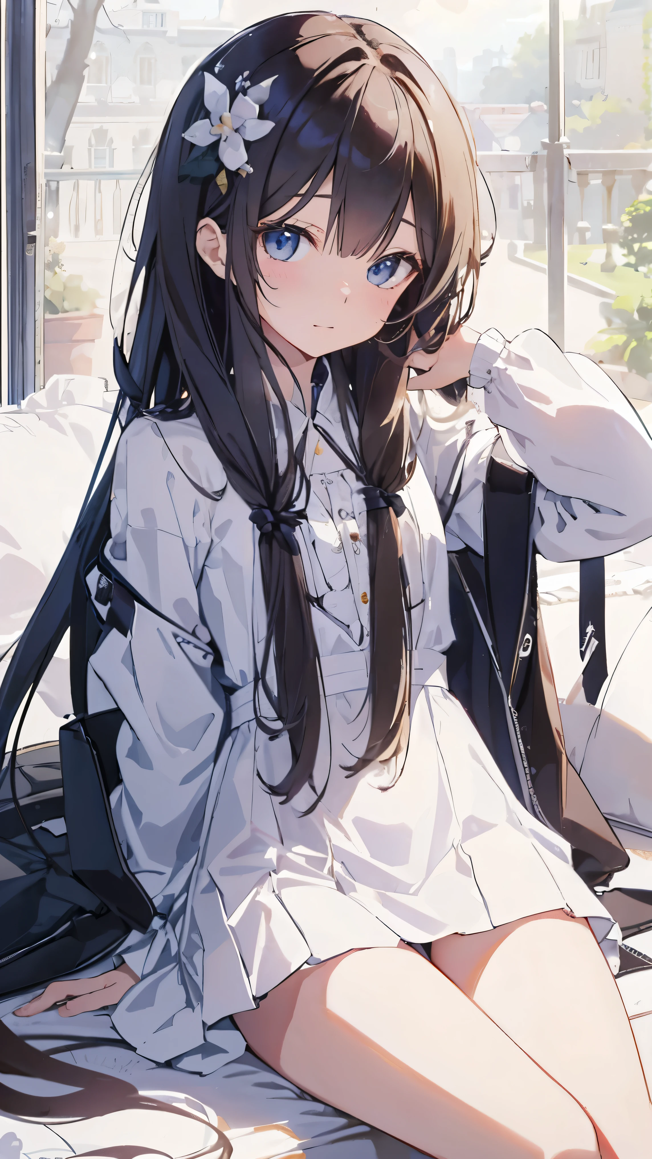 Anime girl sitting on a bed with a backpack and a handbag - SeaArt AI