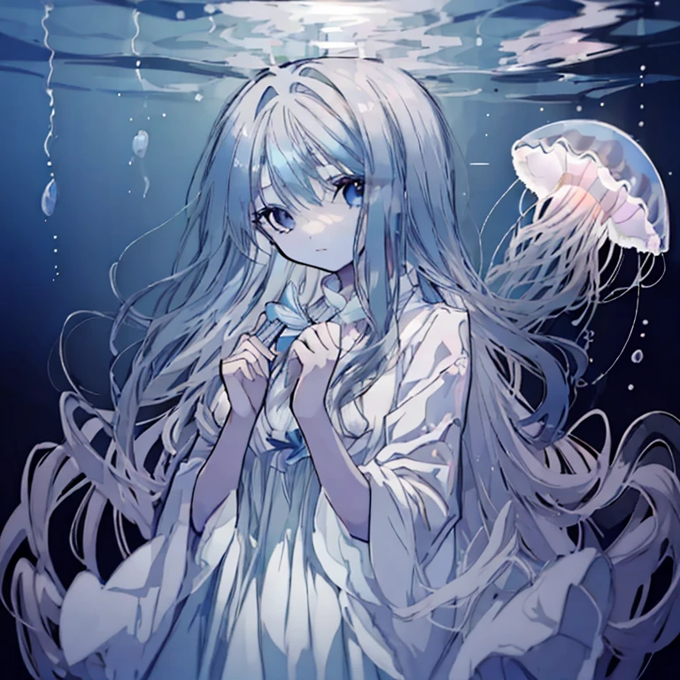 1 girl,Long Hair,jellyfish,mysterious,deep sea,Natural light,Flickering Light,beautiful