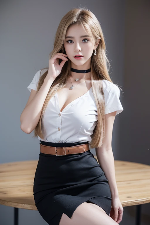 (8k,high resolution,Masterpiece, best quality, alone, complicated details, Chromatic aberration), realistic, ((Moderate breath)), hair in one eye,purple eyes, round hoop earrings, sharp eyes, Choker decorated with diamonds, (symmetrical eyes),(Perfect symmetrical body),Photo of a beautiful 21 year old teenage girl.,(fit the body),diamond pendant necklace ,Beautiful and charming with contemporary fashion paintings as well....., looking at the audience, ((Behind the scenes of a large classroom)), (black short skirt), ((The young woman wore a form-fitting white short-sleeved shirt.., Unbuttoning 2 buttons, Revealing a little breast..)), ((A short black pencil skirt with a deep slit on the side...)), belt, ((Put your hands down.)),blonde hair, Bob, long hair, Side flatness,,blonde hairทองแดง, sit, sharp eyeliner, Blush eyeshadow with thick eyelashes, Very delicate and beautiful, round chin, Sharp focus, elegant,sitบนโต๊ะเรียน ยกขาข้างหนึ่งขึ้นให้อยู่ในระดับสายตา, Spread your legs slightly apart...,dynamic gesture,((Top it off with a crisp dark blue lab coat 36 inches.'It doesn't reach your hips..))