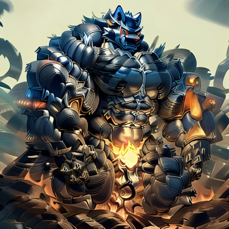 Incineroar, (gigantic muscles), 8K, Masterpiece, highres, future fiction. Detailed head, Detailed Body, full body, Detailed abs, wearing crNanosuit, big muscle (pecs, triceps, traps) unusually developed muscular body, body full of huge muscles. showing off muscles, pectorales enormes. Exaggeratedly huge muscles. Gigachad Muscular, gigantic muscles, Colossal giant NANOSUIT over a battlefield, 
The claws are sharp,
Sharp teeth,
Spread wings, have big wings.
nj5furry, Animal paws, fire belt,