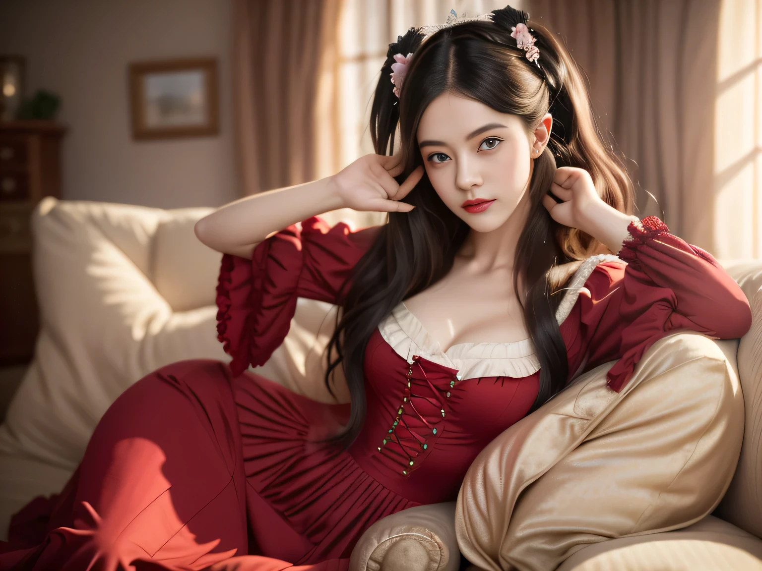 Black Hair, Hair shaking, victory, Long eyelashes, Solid round eye, A faint smile, ears red, direction, Surrealism, shadow, Relief, Stereogram, Standing picture, View, Atmospheric perspective, 8k, Super Detail, precise, best quality，a lady sitting on the sofa，Have a glass in hand, Rococo Ruffle Dress, victorian gothic Lolita Fashion, victorian inspired clothing, cute lazy princess, Rococo dress, Magic Lolita Girl Portrait, victorian aristocrat, palace ， Girl wearing Hanfu, Belle Delphine, Rococo style clothing, wearing victorian clothes, Lolita Fashion，Wizard Hat。