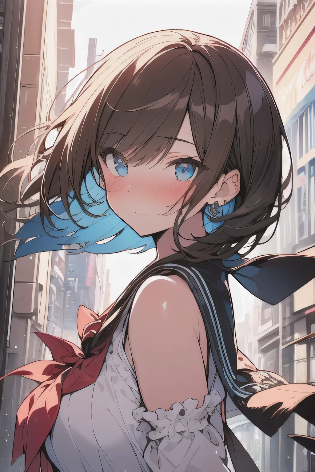 (best quality), (Super detailed), (Best Illustration), (masterpiece), (woman), {(white serafuku:1.2)}, (large breasts:1.2), {brown hair, (sideburns), (bob cut:1.3), curly hair, hairs between eyes, colored inner hair}, {(detailed eyes), blue eyes}, blush, earring, wind, botanical city