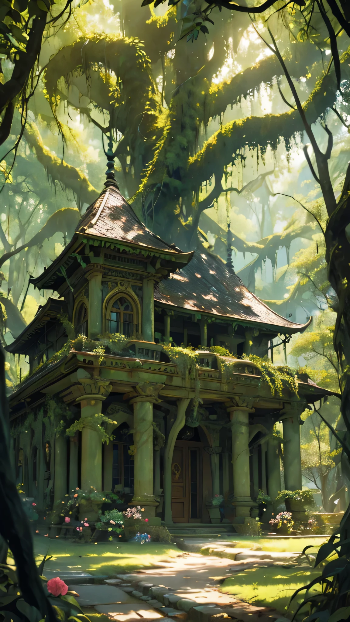 ancient building,large,fantasy theme,dense green forest
(realistic,photorealistic:1.37),ultra-detailed,highres,(best quality,masterpiece:1.2),HDR,studio lighting,sharp focus,physically-based rendering,professional,vivid colors
landscape,horror,concept artists
emerald green,colorful flowers,exotic animals,sunlight streaming through the trees,twisted vines,ancient engravings,carved pillars,mysterious atmosphere