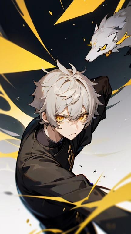 Aether from Genshin Impact. Yellow Eyes. Shap Pupils. Grey hair. Short hair. Serious expression. 1boy.