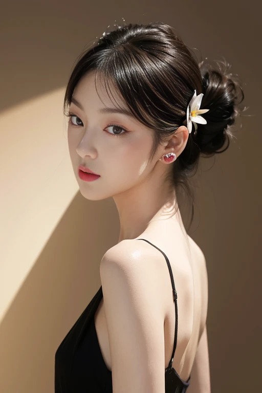 tsuruta ichiro, Narrow-eyed, 1girl in, Allback、deadpan、short-hair、shorth hair、brow、Reluctance、A dark-haired、Tucked Hair Solo, Cowgirl, Onepiece, ((mideum breasts)), Thin slit eyes、Black eyes, Light shines on the eyes、Black hair, gloves, Dress, Luxurious Jewelry, earrings, sharp eye、 elbow groves,Raise your hands and tie your hair back, random color, random color dress, Makeup for long eyes, Slender eyes、lip stick, Complex petal pattern, Rim Light, Back Light, pastel color,Studio Lighting