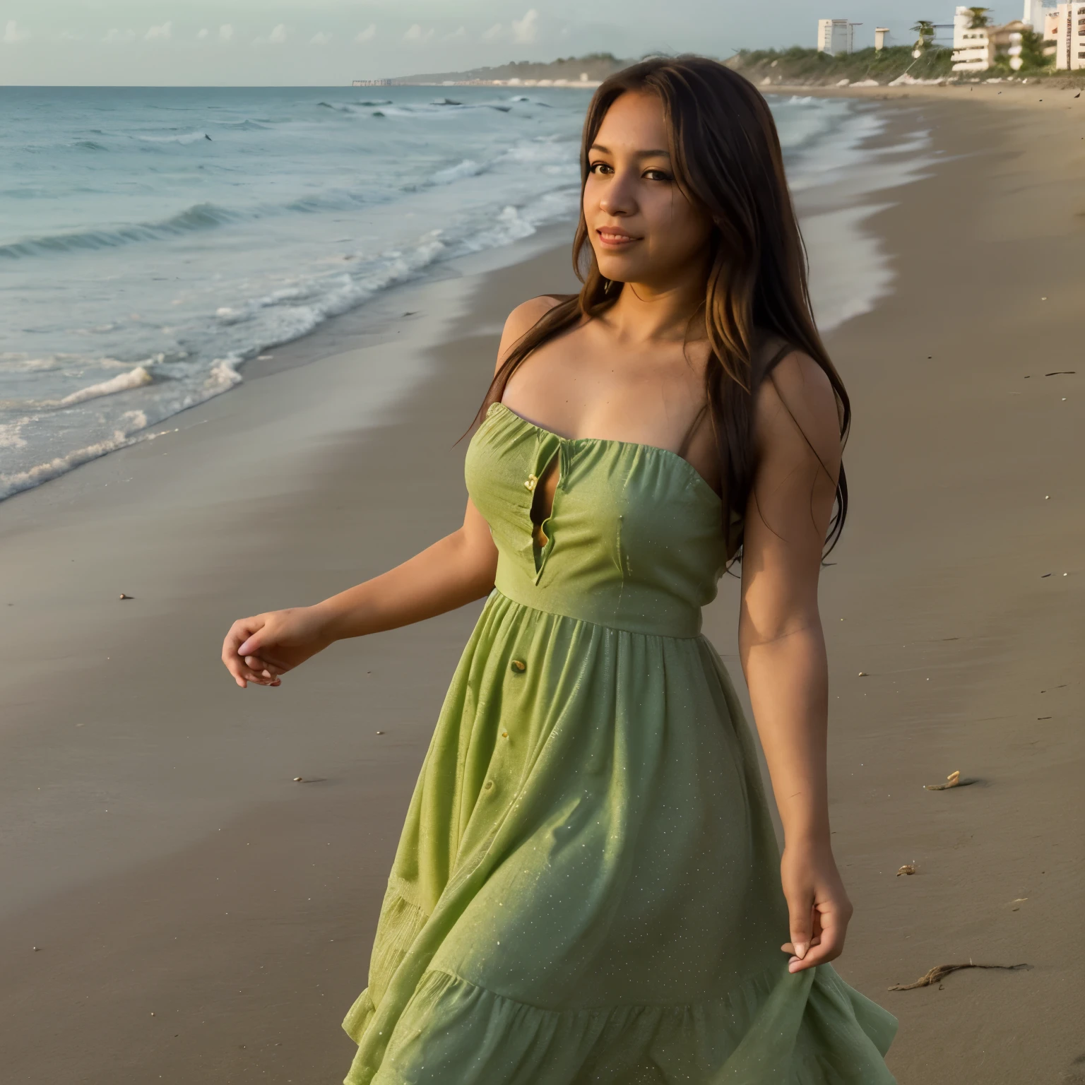 1 chica, vestido marron, cabello color verde, paseando por la playa, atardecer.