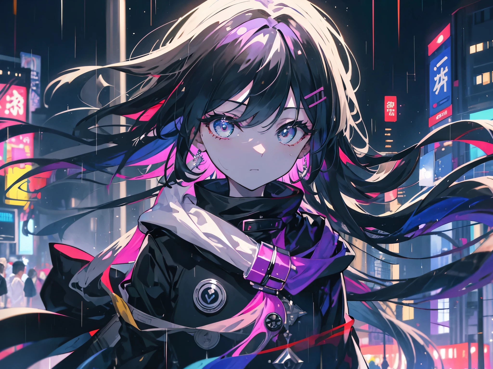 One Girl、City of night、Street lamp、rain、coat、Put your hands in your pockets、They will laugh、Super colorful、Black-based color scheme、A melancholic look、
