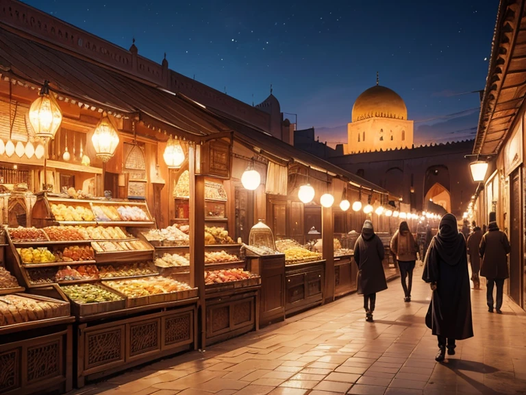 4k resolution picture, ultra realistic picture, Marrakech city, a huge mosque with dome on top, night time, entire market area views, shops everywhere, Moroccan architectures, 