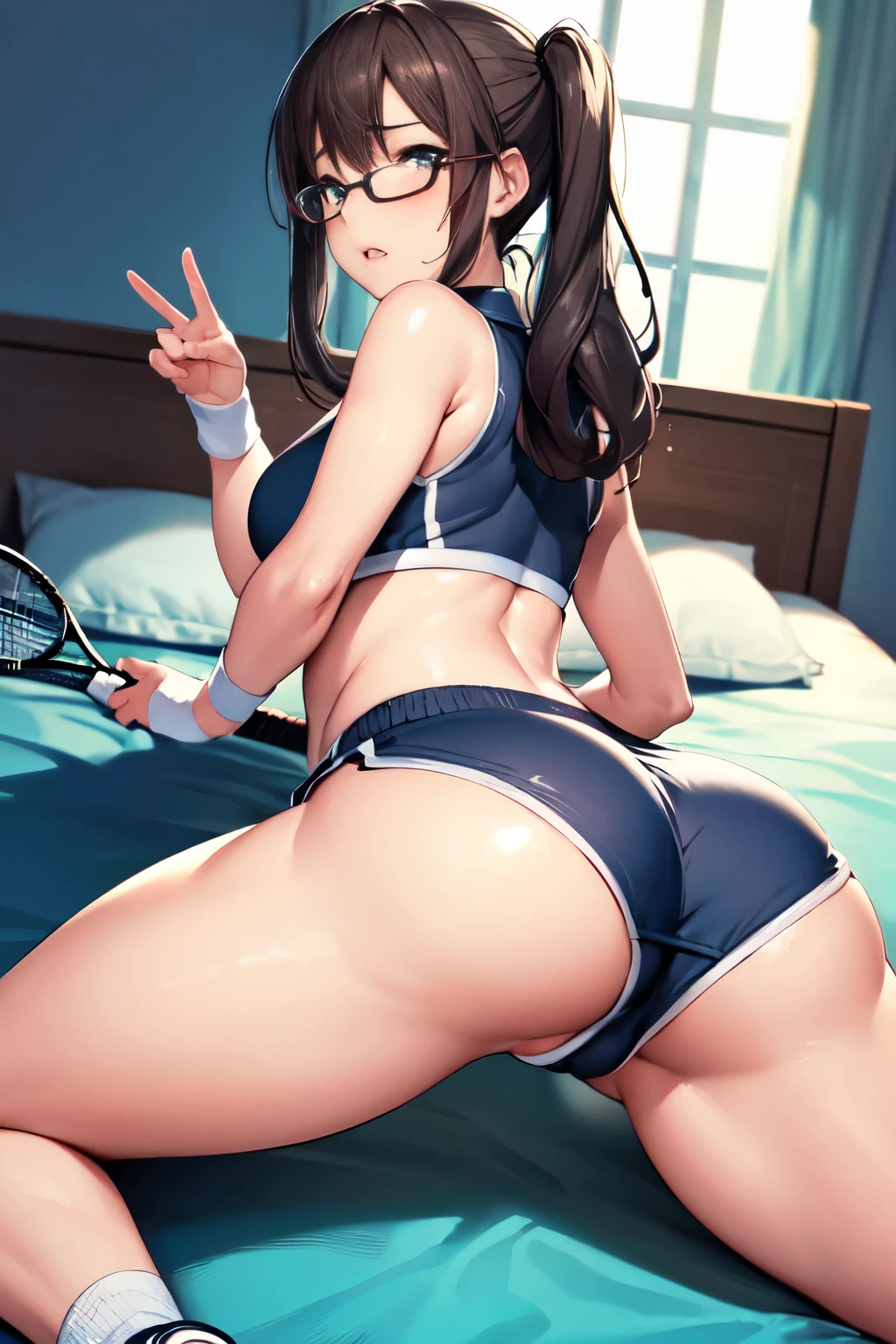 (software:1.5), (Tennis Wear、Skort)、Dark brown wavy long hair、Droopy eyes, Thick thighs, Such an ass, Liar, bed, Open crotch, Dettol, Spread your legs, Show your side, Down the Out、Tears are overflowing、Glasses、(Dynamic pose)、Untidy body、Dynamic Angles、Turning around、Big Ass