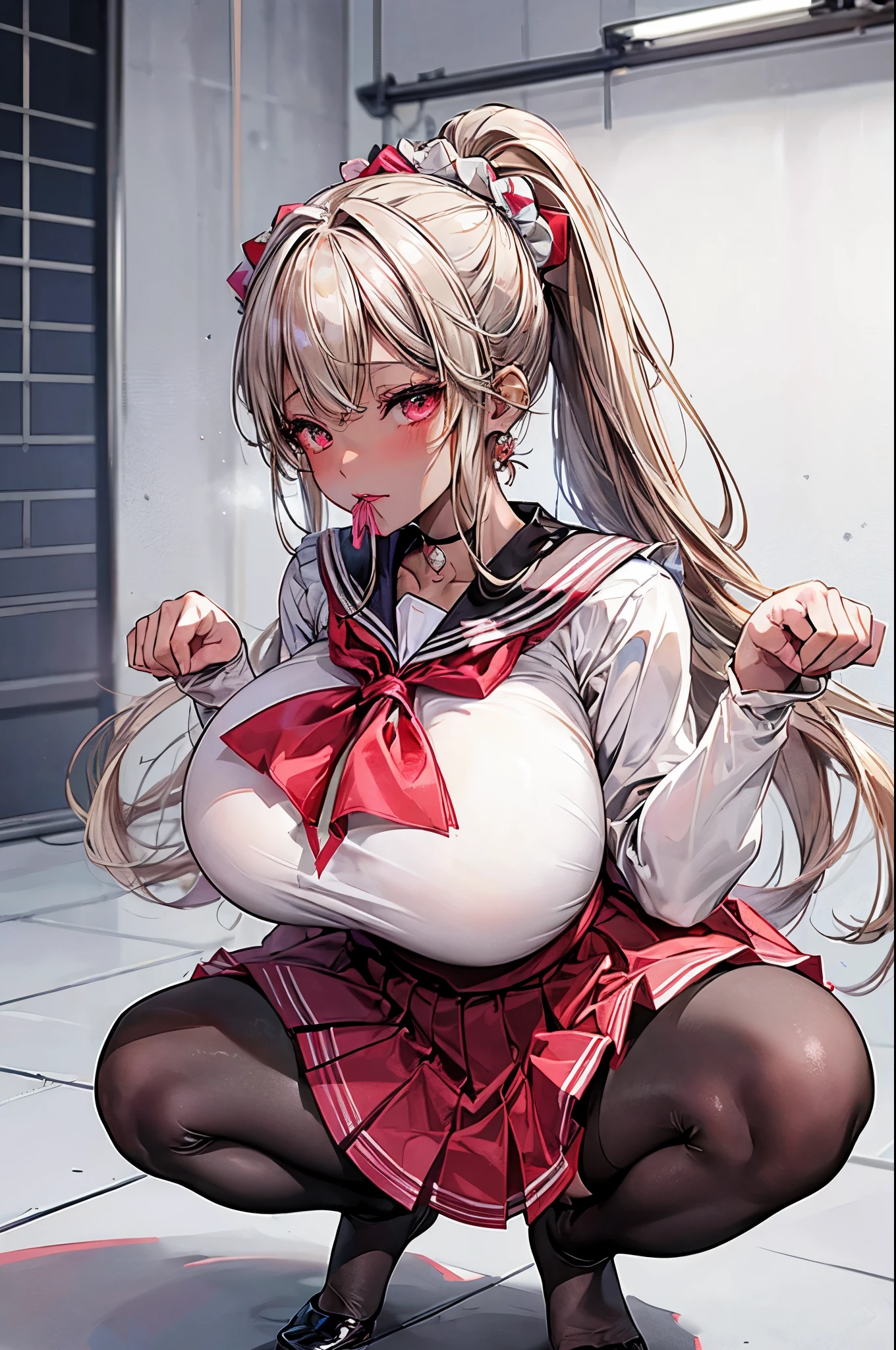 (masterpiece:1.2、highest quality、T Masterpiece)、1 female、alone、classroom、Day、stand、blonde、ponytail、red eyes、(sailor suit:1.4)、(black skin:1.4)、big breasts、pantyhose、corset、hoop earrings、lipstick、mini skirt、very sweaty、Ring Choker、Scrunchie、blush、covered chest、Bangs braids、(Hung by a rope:1.4)、floating