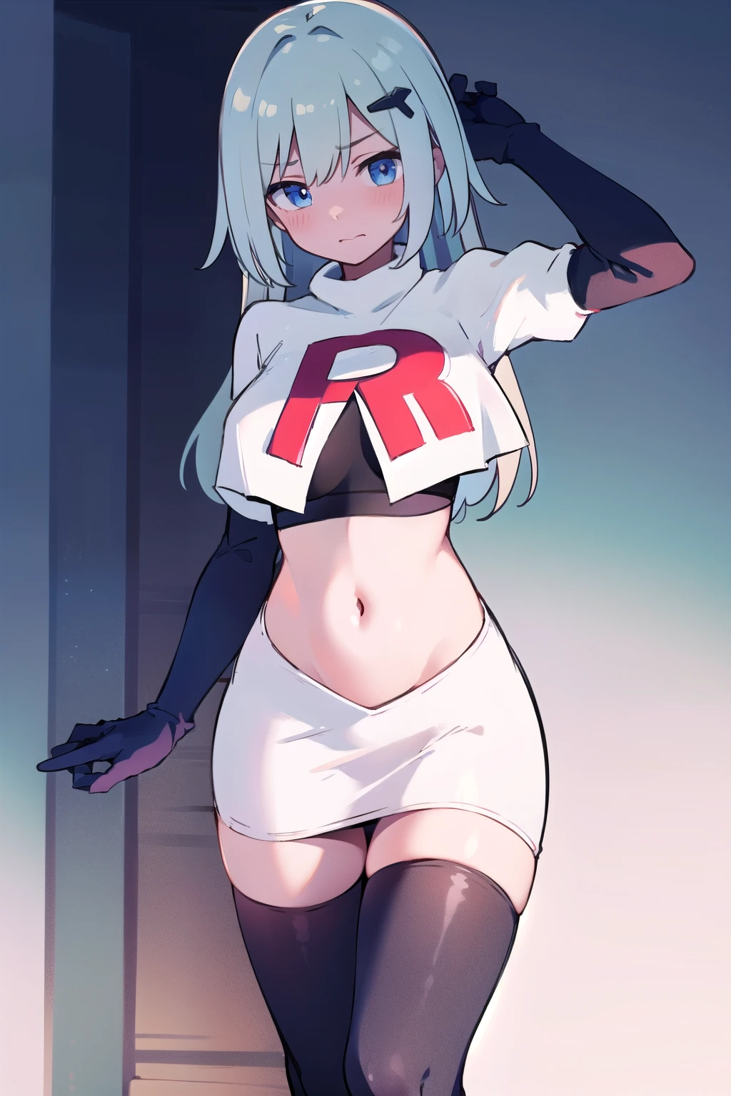 masterpiece, best quality, topaz, blue eyes,1girl, silver hair,multicolored hair, hair, hair ornament, embarrassed, team rocket,team rocket uniform,white skirt,red letter R,crop top,black thigh-highs,black elbow gloves, breasts, 