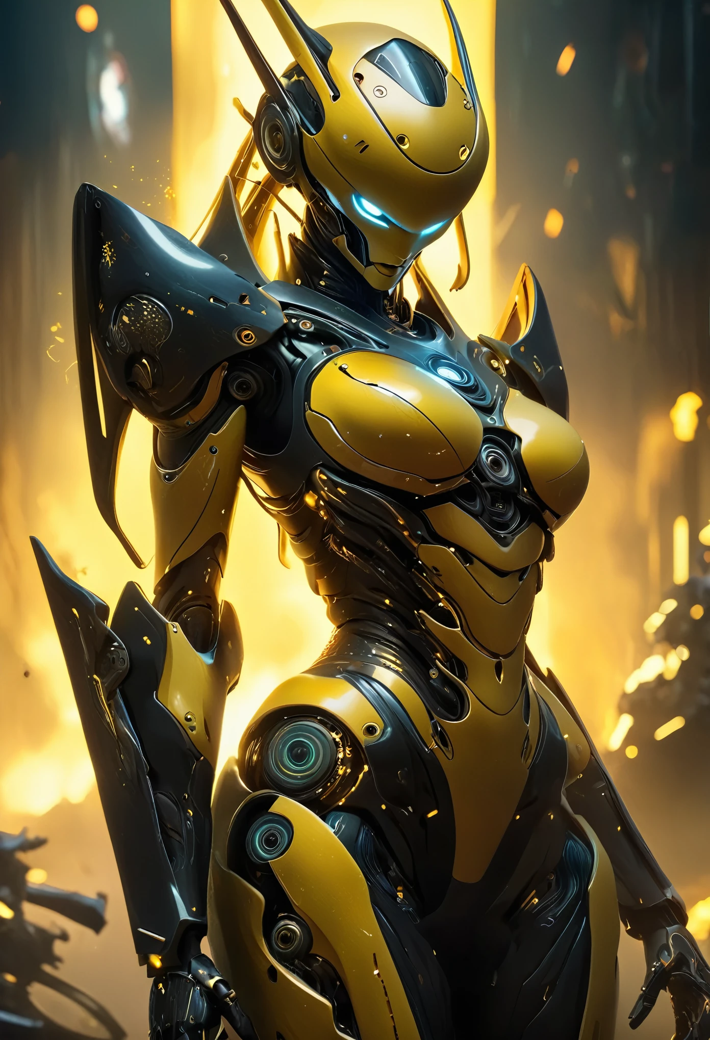 (Best Quality, 4K, 8K, High Definition, Masterpiece:1.2), (Ultra Detailed, Realistic, Photorealistic:1.37),A terrifying female combat android combined with a human female and a hornet, featuring yellow and black color scheme, enormous compound eyes, and futuristic technology. The android has a fearsome appearance with a toned and muscular body. It is equipped with advanced weaponry and armor that displays intricate mechanical details. The android's face possesses a combination of human-like features and the distinct characteristics of a hornet, including razor-sharp mandibles and antennae. Its eyes are exceptionally large, comprised of countless facets and emit an intimidating glow. The android's metallic exoskeleton is predominantly yellow, with striking black accents that give it a menacing presence. The armor is sleek and seamless, exhibiting a seamless integration with the android's physique. The scene is set in a futuristic battleground, with crumbling buildings and debris surrounding the combat android. Flames and smoke billow from destroyed structures, evoking a sense of chaotic destruction. The lighting in the scene is dramatic, with harsh spotlights casting long shadows across the android, emphasizing its imposing figure. The overall color palette is dominated by shades of yellow and black, creating a strong and menacing atmosphere. The image quality is of the highest standard, capturing every intricate detail of the combat android and the surrounding environment.