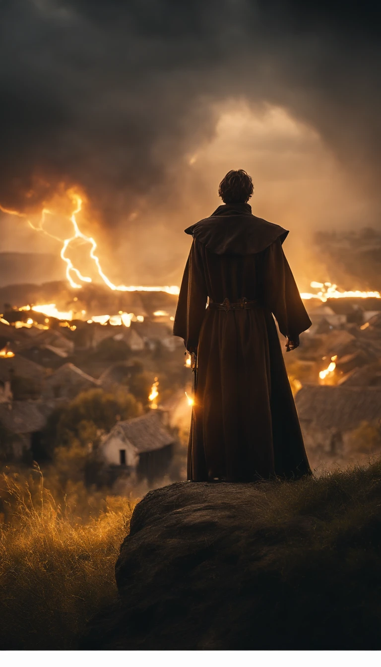 8k, a young male wizard with black cloth from behind trow Intense yellow lightning from his hand to a medieval village, with burning village background