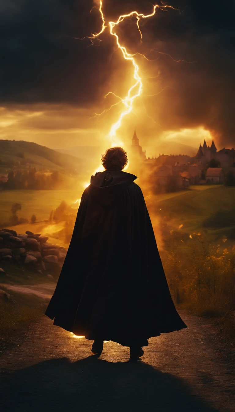 8k, a young male wizard with black cloth from behind trow Intense yellow lightning from his hand to a medieval village, with burning village background