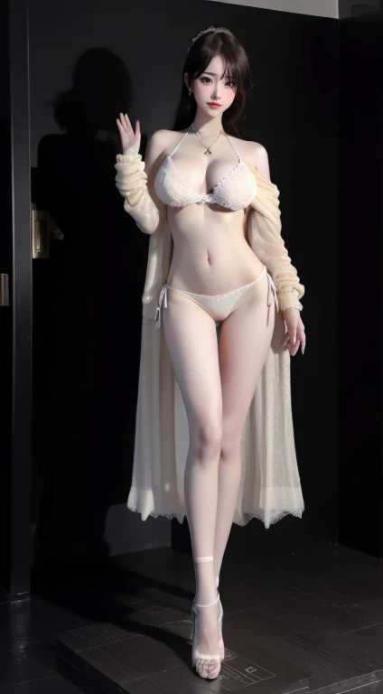 8k, Surreal, masterpiece, best quality, Super detailed, high resolution, Random background, 1个Giant Breast Girl, (:1.5), night , Full breasts,Chest gathering,(You can see the shape of your nipples:1.2), (White lace bikini:1.4), ((Complete anatomy:1.4)),(Look at her slim figure:1.3),(Bikini fits snugly around genitals and buttocks:1.4), (Camel toe:1.3),(Start from below: 1.3),((Look into her eyes、see below)),Stay focused, Abdominal musclesurdres, (One-leg stand:1.2), (stand and spread your legs:1.3), Abdominal muscles, Muscular, Spread your inner thighs with your hands:1.3,Long legs attract attention, Necklace, High heels,