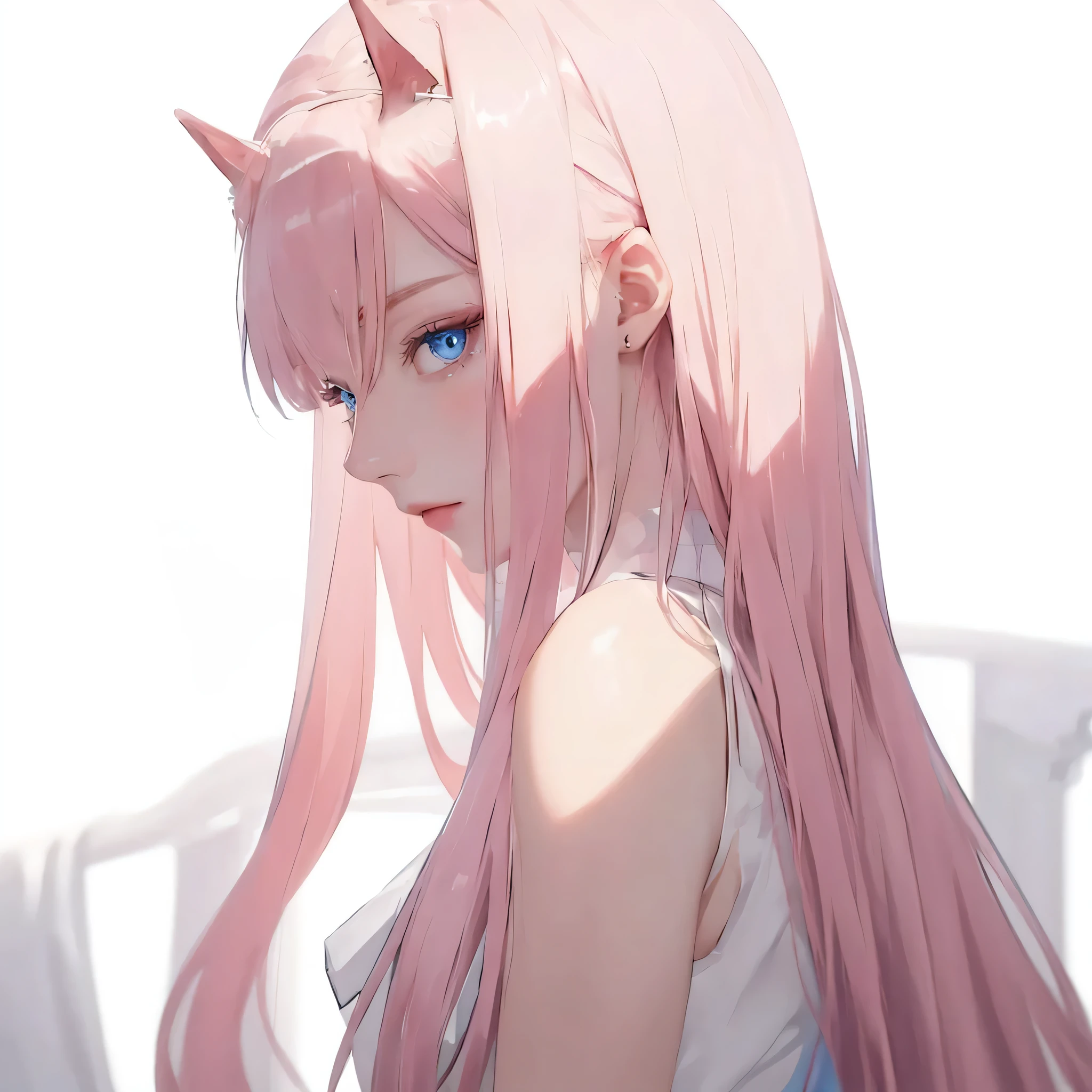 (masterpiece, best quality), Intricate details, 8k, Real People，Art Station, wallpaper, official art, Bangs，side，Clear focus, 1 Girl, Pink long hair,Blue Eyes ,  High collar white combat uniform，bare arm