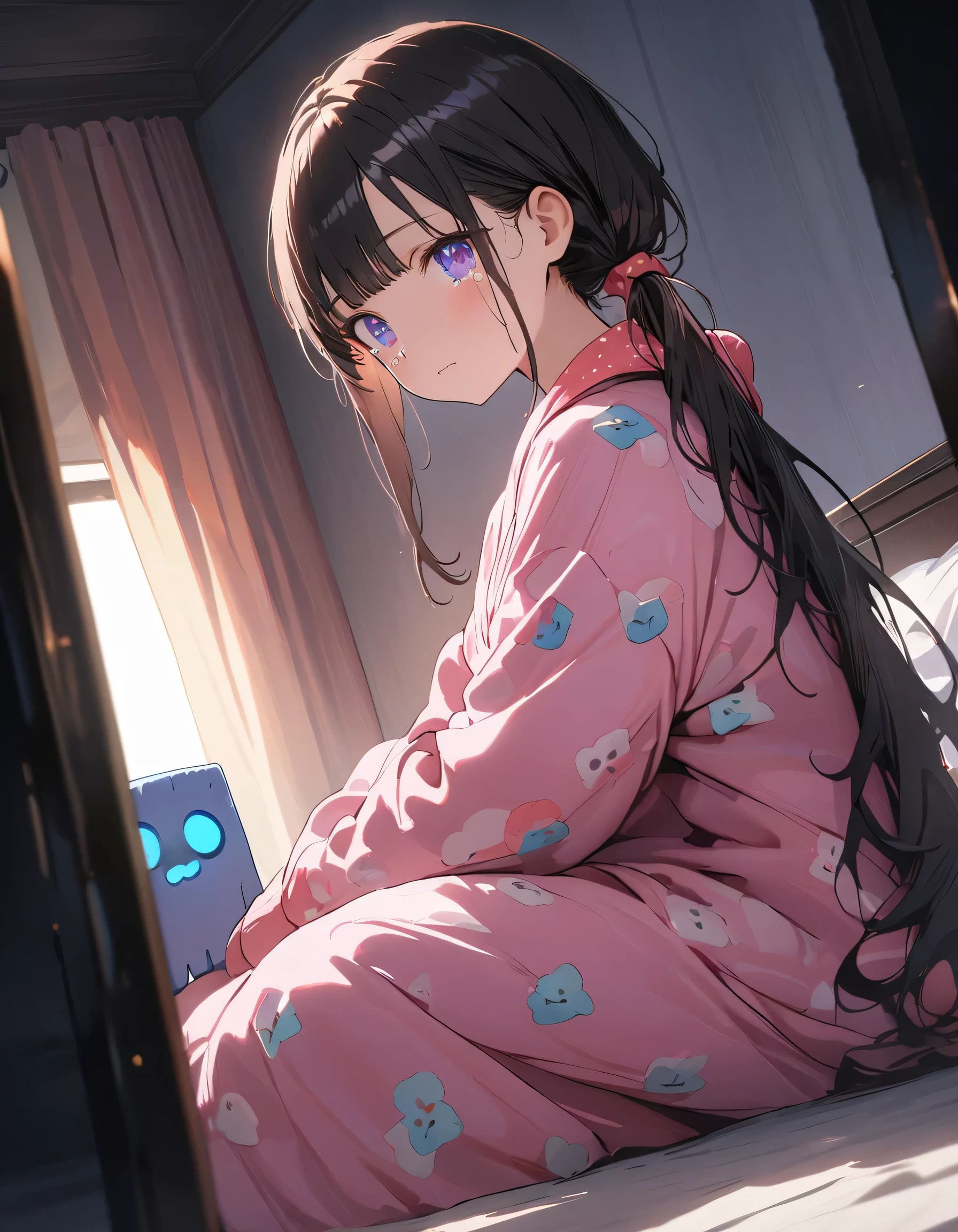 An absurd solution, High resolution, (masterpiece: 1.4), Very detailed, (((Detailed face, Detailed expression)), Two Girls, Girl and Girl, friend, best friend, Classmate, relax, ponytail, Bob, sitting on bed, Sitting on the floor, Two people having a conversation, Room Background, friend, Relatives and friends, Home, 1K, Small room, curtain, bed, tv set, machine, Loungewear, A tear-jerking scene from youth, (Tears in my eyes)、(highest quality、masterpiece、High resolution、detailed)、anime style、Flat Style、(eyes shining iridescent colors illuminated light, Delicate and beautiful face, ), BREAK,extremely detailed、(The Shining), Best lighting, Best Shadow、High saturation,Dynamic Angle、anime、Nostalgic atmosphere