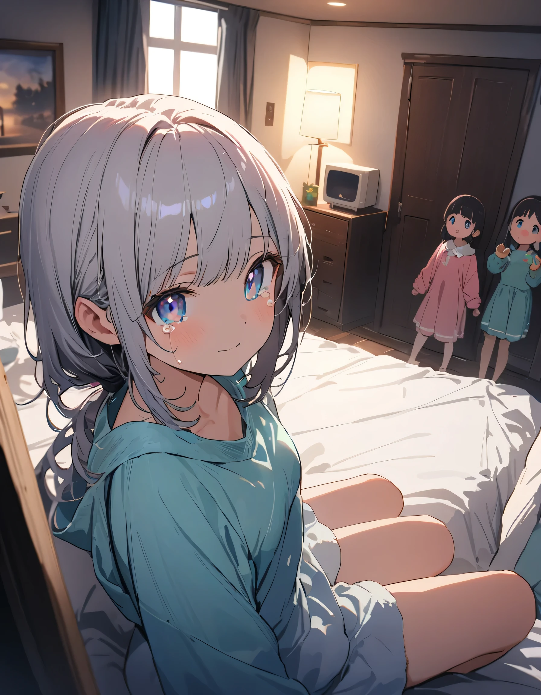 An absurd solution, High resolution, (masterpiece: 1.4), Very detailed, (((Detailed face, Detailed expression)), Two Girls, Girl and Girl, friend, best friend, Classmate, relax, ponytail, Bob, sitting on bed, Sitting on the floor, Two people having a conversation, Room Background, friend, Relatives and friends, Home, 1K, Small room, curtain, bed, tv set, machine, Loungewear, A tear-jerking scene from youth, (Tears in my eyes)、(highest quality、masterpiece、High resolution、detailed)、anime style、Flat Style、(eyes shining iridescent colors illuminated light, Delicate and beautiful face, ), BREAK,extremely detailed、(The Shining), Best lighting, Best Shadow、High saturation,Dynamic Angle、anime、Nostalgic atmosphere