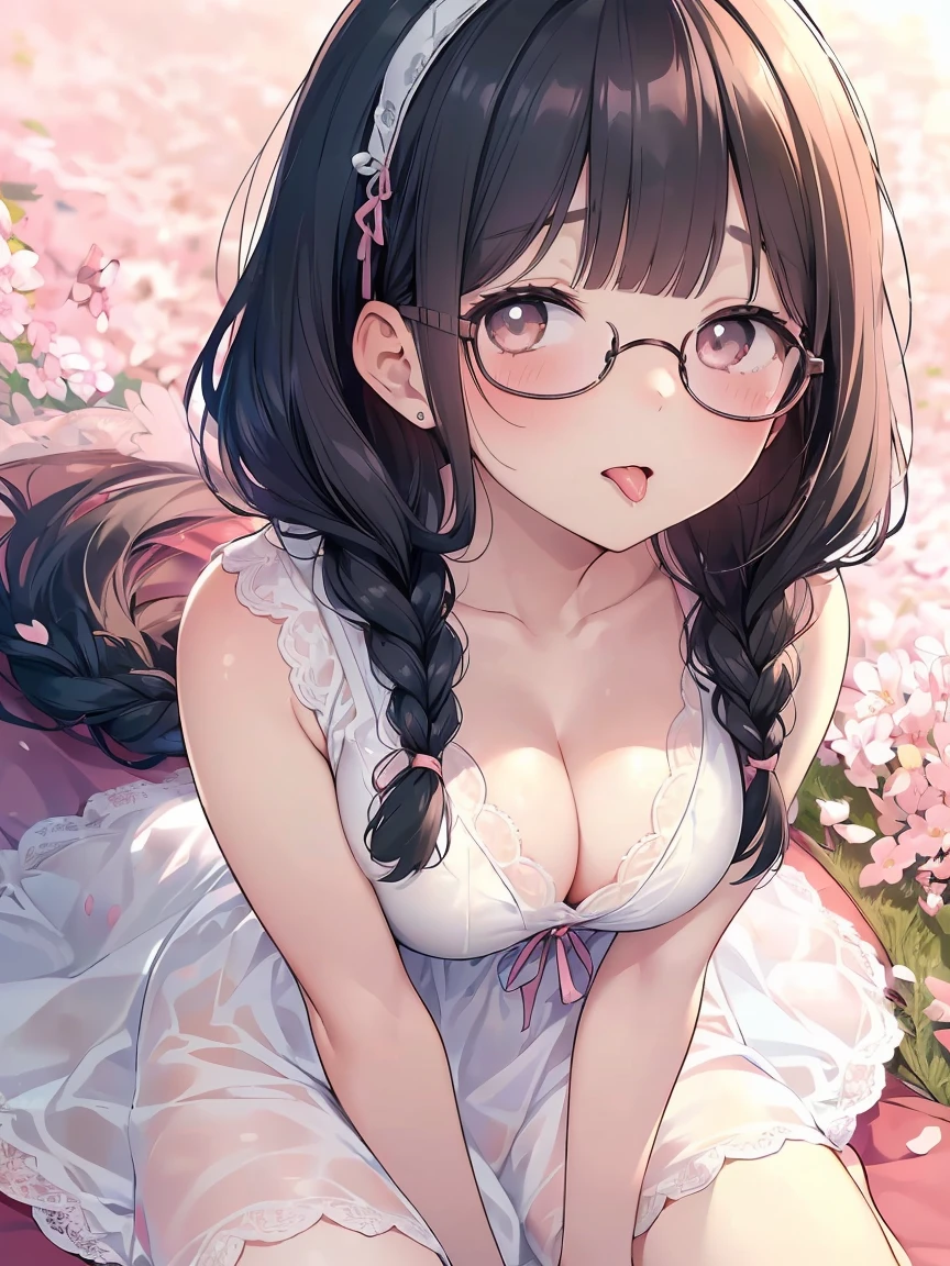 Very detailed, highest quality, High resolution, Moe Anime, ((A cute elementary school girl with black hair and droopy eyes)), ((Wearing large round glasses:1.4)), (Baby Face), Cute eyes, Detailed eye depiction, Sparkle in the eyes, View your viewers, Pale skin, (Big eyes:1.4, Droopy eyes:1.4, Fatty face:1.4), smile, Focus on the face, In the park with cherry blossoms falling, Sitting, (Extreme close up of tongue), (((From above))), Open your mouth, (((Face only:1.3))), ((Sheer white lace sleeveless dress)), Bright Eyes, Light from the front, (Put your hands between your legs:1.4), large and long tongue, Cleavage, Braided Hair, Pink ribbon